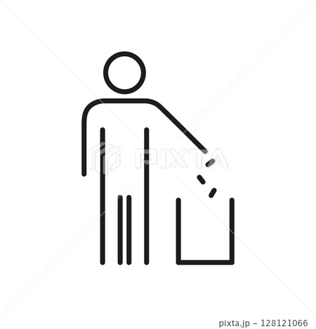 Person Throwing Trash In Bin Line Icon. Waste Disposal And Environmental Responsibility Outline Symbol. Cleanliness And Recycling Sign. Editable Stroke. Isolated Vector Illustration 128121066