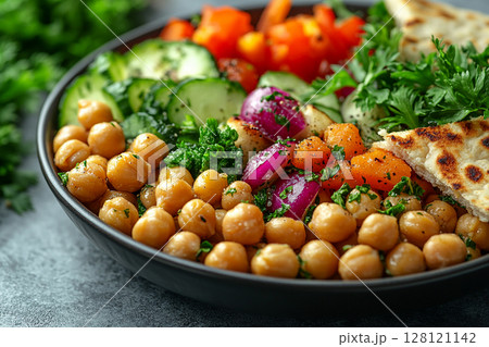 Plant based lunch box with hummus, roasted chickpeas, fresh veggie sticks and whole wheat pita bread on. Plant based lunch box with hummus, roasted chickpeas, fresh veggie sticks and whole wheat pita bread on. 128121142