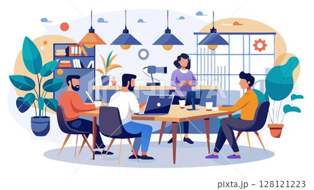 A modern coworking space for freelancers featuring a stylish and functional design, collaborative work areas, private booths, and comfortable common areas, creating an attractive and productive envir 128121223