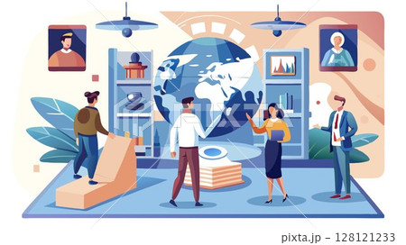 A multilingual virtual museum concept offering virtual exhibits and educational resources in multiple languages, creating an accessible and inclusive experience for a global audience, expanding reach 128121233