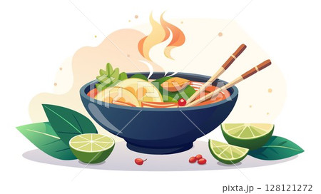 The rich aroma of a steaming bowl of pho is almost palpable in this image, where tender noodles and savory ingredients are artfully arranged, complemented by fresh herbs and a bright slice of lime, c 128121272