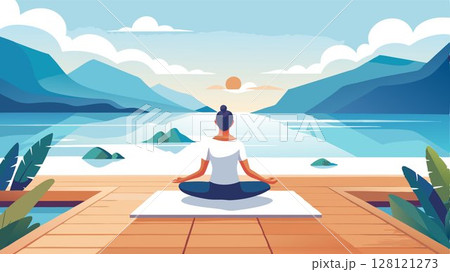 The rhythmic flow of yoga poses is perfectly complemented by the calming sounds of the ocean as a yogi finds serenity and balance on a wooden deck overlooking the water, creating a tranquil and inspi 128121273