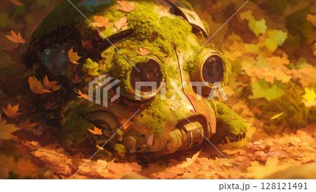 秋の落ち葉と壊れたロボットの頭部、アニメ風 秋の落ち葉と壊れたロボットの頭部、アニメ風 128121491
