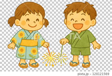 Children dressed in yukata and jinbei enjoying hand-held fireworks in summer 128121569
