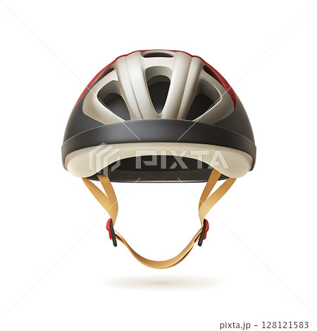 A close up shot of a black gray and red bicycle helmet with tan straps on a white background image view 128121583