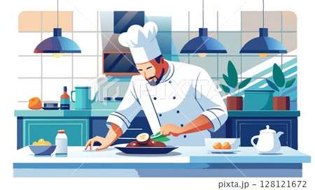 Against the backdrop of a pristine and elegant kitchen, a chef artfully plates a gourmet dish, their skillful presentation creating a visually stunning and appetizing image that conveys culinary prec 128121672