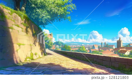 丘の上のレンガの道、アニメ風 128121803