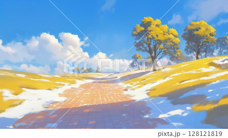 うっすらと雪が残った春のレンガの道、アニメ風 128121819