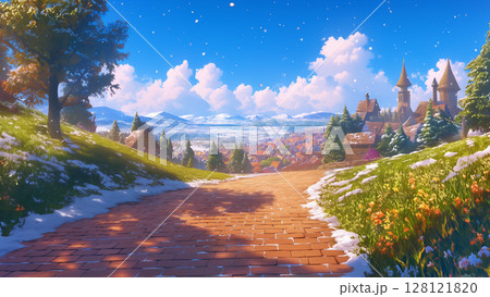 春の雪解けのレンガの道、アニメ風 128121820