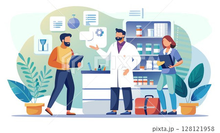 Pharmacists provide expert advice on drug interactions, proper medication administration, and potential side effects. 128121958