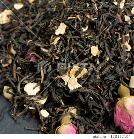 Natural Herbal Tea Blend. Black Tea with Ginseng and Rose. Natural Herbal Tea Blend. Black Tea with Ginseng and Rose. 128122104
