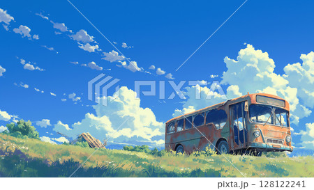 青空の下の乗り捨てられたバス、アニメ風 128122241