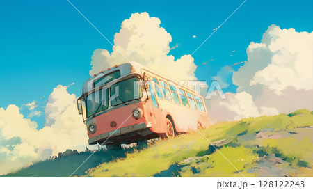 丘に乗り捨てられたバス、アニメ風 丘に乗り捨てられたバス、アニメ風 128122243