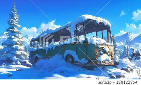 雪が積もった冬の乗り捨てられたバス、アニメ風 128122254