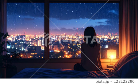 高層の部屋から夜景を眺める女性8 高層の部屋から夜景を眺める女性8 128122290
