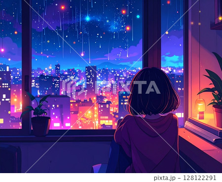高層の部屋から夜景を眺める女性9 高層の部屋から夜景を眺める女性9 128122291