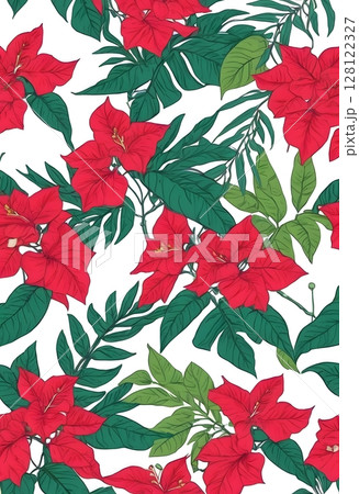 Seamless Tropical Pattern with Red Exotic Flowers and Lush Leaves. summer wrapping paper, textiles, wallpapers, and packaging. 128122327
