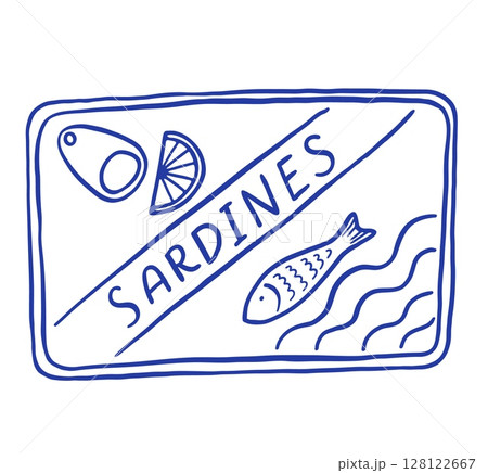 Hand draw sardines can with lemon vector illustration. Mediterranean seafood doodle icon. La dolce vita. Retro style 128122667