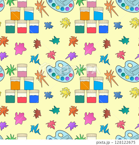 Seamless artistic art pattern with paint jars, palettes and colorful paint splashes on yellow background. For back to school theme, school supplies or stationery design, textile print, wrapping paper. Seamless artistic art pattern with paint jars, palettes and colorful paint splashes on yellow background. For back to school theme, school supplies or stationery design, textile print, wrapping paper. 128122675