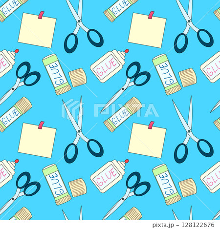 Seamless pattern of school supplies with scissors, glue sticks, and sticky notes illustration on blue background. For back to school theme, school stationery design, textile print, and wrapping paper. Seamless pattern of school supplies with scissors, glue sticks, and sticky notes illustration on blue background. For back to school theme, school stationery design, textile print, and wrapping paper. 128122676