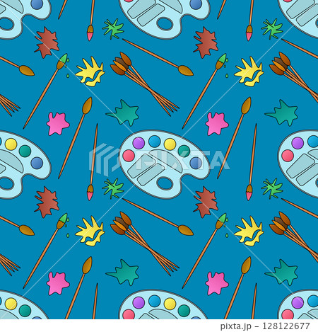 Seamless art supplies pattern with watercolor palettes, brushes, and colorful paint splashes on blue background. For back to school theme, school stationery design, textile print, and wrapping paper. Seamless art supplies pattern with watercolor palettes, brushes, and colorful paint splashes on blue background. For back to school theme, school stationery design, textile print, and wrapping paper. 128122677