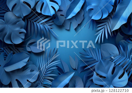 Vibrant blue tropical leaves form a lush background, perfect for creative initiatives or thematic presentations in any setting Vibrant blue tropical leaves form a lush background, perfect for creative initiatives or thematic presentations in any setting 128122710