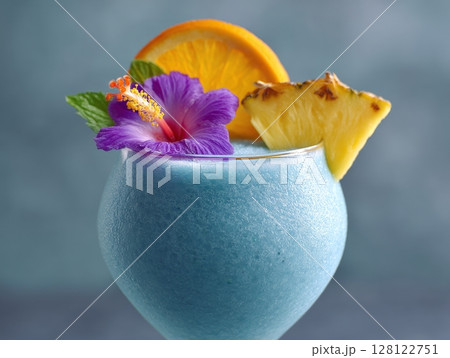 Bright blue curaao drink served in a glass, garnished with pineapple, orange slice, and colorful flowers, creating a tropical paradise vibe 128122751