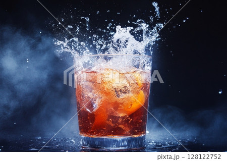 A vibrant cocktail with ice creates a dynamic splash against a black backdrop, highlighting its refreshing nature and bold colors 128122752
