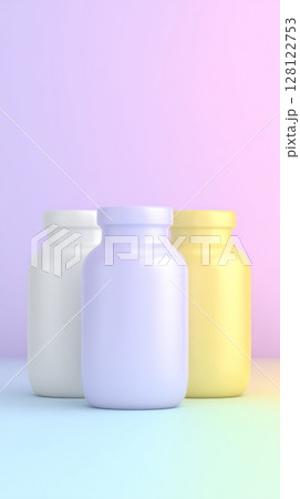 Three identical jars in pastel yellow, lavender, and white are positioned in a visually appealing arrangement against a soft gradient backdrop 128122753