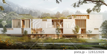 Contemporary apartment building showcases innovative architectural features with green roofs and landscaped gardens amid a tranquil environment 128122826