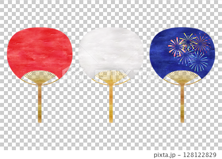 赤 白 花火柄のうちわ イラスト素材セット 128122829