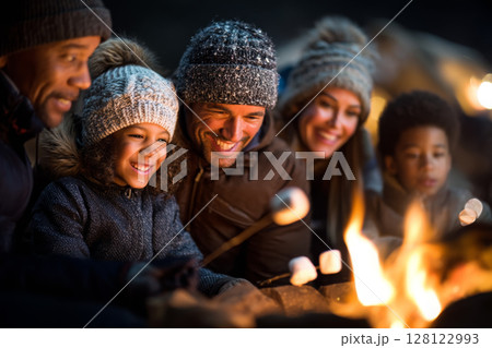 family gathered around campfire at night in forest, laughing, roasting marshmallows, warm fire glow on faces family gathered around campfire at night in forest, laughing, roasting marshmallows, warm fire glow on faces 128122993
