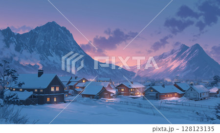 雪に覆われたノルウェーの山村の夕暮れ、暖かな光が灯る家々 128123135