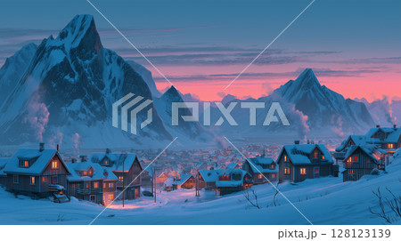 荘厳な山々を背景に、ピンクと青に染まる雪のノルウェーの村の薄明かり 128123139