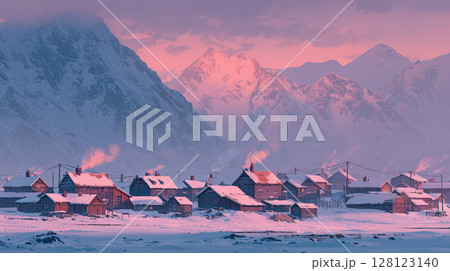 荘厳な山々を背景にピンクに染まる、雪に覆われたノルウェーの村 128123140