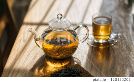 The steam from a cup or pot of tea on the old wood table and black background with nature 128123202