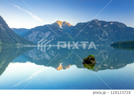 Morning on a Mountain Lake and a Small Coastal Town 128123728