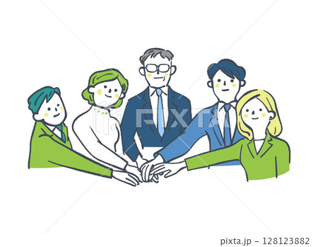 手を合わせて団結するオフィスチーム セットのストックイラスト素材 手を合わせて団結するオフィスチーム セットのストックイラスト素材 128123882
