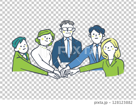 辦公室團隊團結一致、雙手合十的股票插圖 128123882