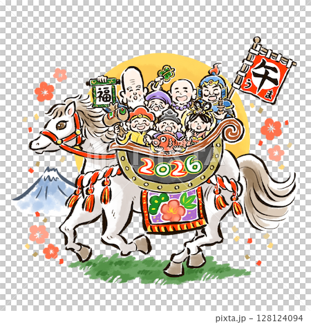 干支の午（馬）に乗った七福神の手描きイラスト 背景あり 2026年の
