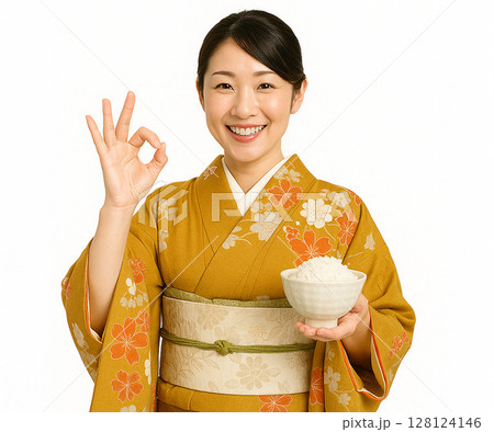 白米の入った茶碗とオッケーポーズの女性 128124146