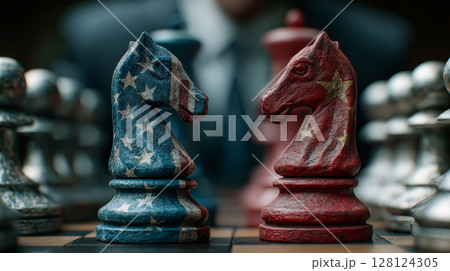 Chess knights painted as USA and China face off, symbolizing geopolitical strategy and rivalry on a chessboard. 128124305