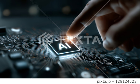 Finger touching AI chip on a futuristic circuit board, symbolizing artificial intelligence and advanced technology. 128124325