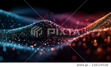 Colorful glowing particle wave in motion over dark background, representing data, digital energy, or futuristic design. 128124326