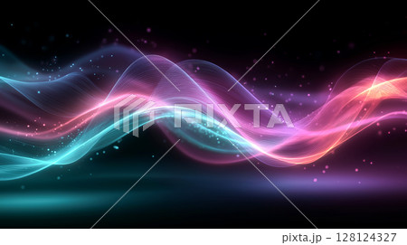 Vibrant flowing neon light waves in abstract motion against a dark background, evoking energy, sound, and data flow. 128124327