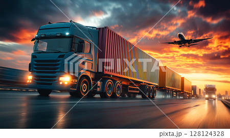 Cargo trucks and airplane in motion at sunset, symbolizing global shipping, logistics, and fast freight delivery. 128124328