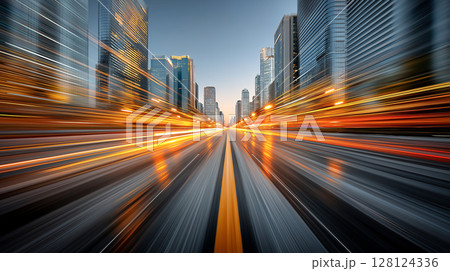 High-speed motion blur of city traffic lights through urban skyscrapers, symbolizing futuristic fast-paced travel. High-speed motion blur of city traffic lights through urban skyscrapers, symbolizing futuristic fast-paced travel. 128124336