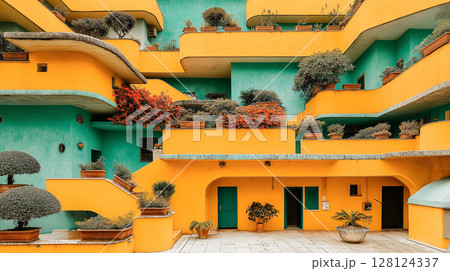 Colorful apartment building with bright yellow and teal walls, terraces filled with lush potted plants and flowers. 128124337