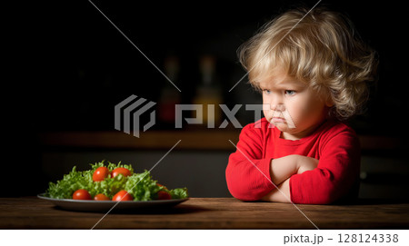 Angry toddler refusing to eat salad, arms crossed and frowning at a plate of lettuce and cherry tomatoes on the table. Angry toddler refusing to eat salad, arms crossed and frowning at a plate of lettuce and cherry tomatoes on the table. 128124338