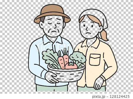 収穫した野菜を持つ困り顔の農家の男女 128124425